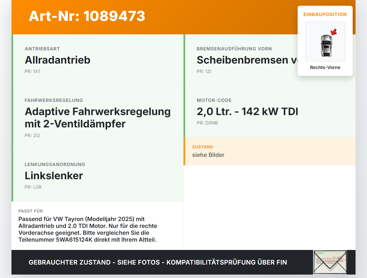 VW Tayron R41  TDI 2,0 142KW Bremssattel Bremszange Vorne Rechts VW Tayron R41 20.08.2025 5WA615124K gebraucht Vorschau 3