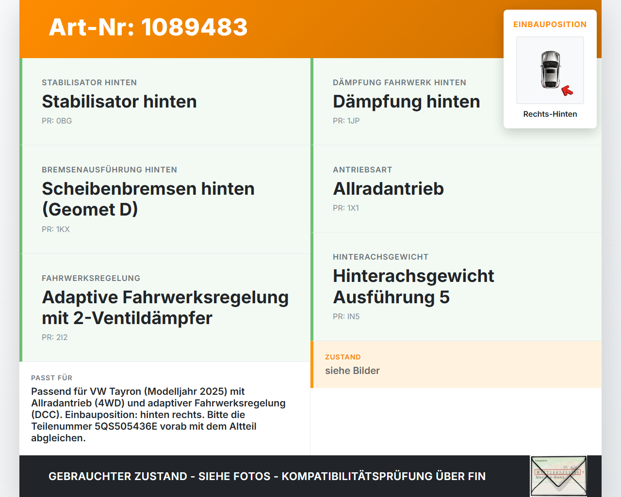 VW Tayron R41   TDI 2,0 142KW 4WD Achsschenkel Radnabe Rechts Hinten VW Tayron R41 20.08.2025 5QS505436E gebraucht Vorschau 3
