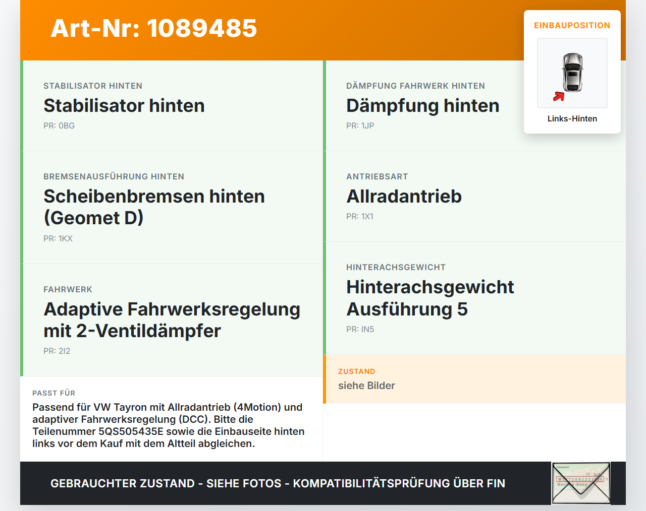 VW Tayron R41   TDI 2,0 142KW 4WD Achsschenkel Radnabe Links Hinten VW Tayron R41 20.08.2025 5QS505435E gebraucht Vorschau 3