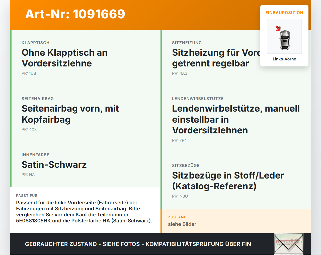 Skoda Octavia III 5E 17-20 Kombi Sitzbezug Rückenpolster Links Vorne für Fahrer Sitz beheizt Skoda Octavia III 5E... Vorschau 3