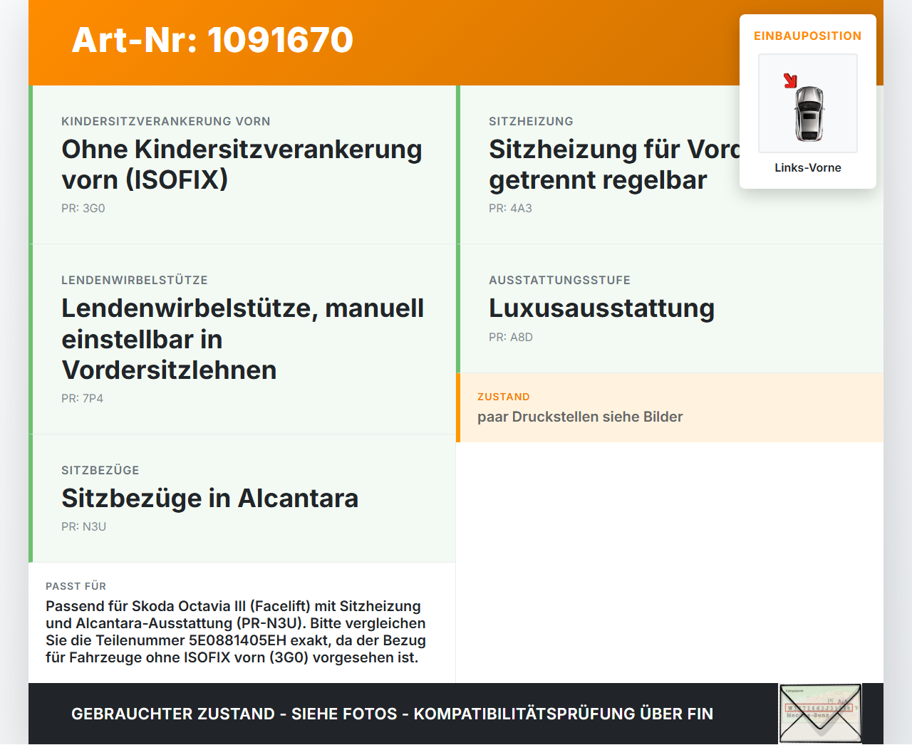 Skoda Octavia III 5E 17-20 Kombi Sitzbezug Sitzpolster für Fahrersitz Sitz Links Vorne beheizt Skoda Octavia III 5E... Vorschau 3