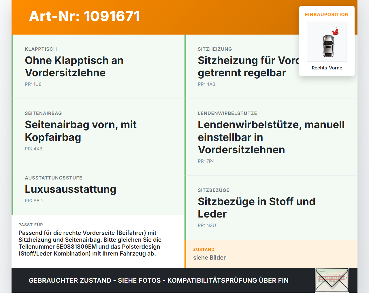 Skoda Octavia III 5E 17-20 Kombi Sitzbezug Rückenpolster Rechts Vorne für Beifahrer Sitz beheizt Skoda Octavia III... Vorschau 3