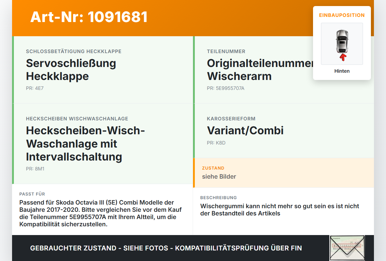Skoda Octavia III 5E 17-20 Kombi Heckwischer Scheibenwischer Hinten Wischarm Skoda Octavia III 5E 17-20 03.01.2018... Vorschau 3