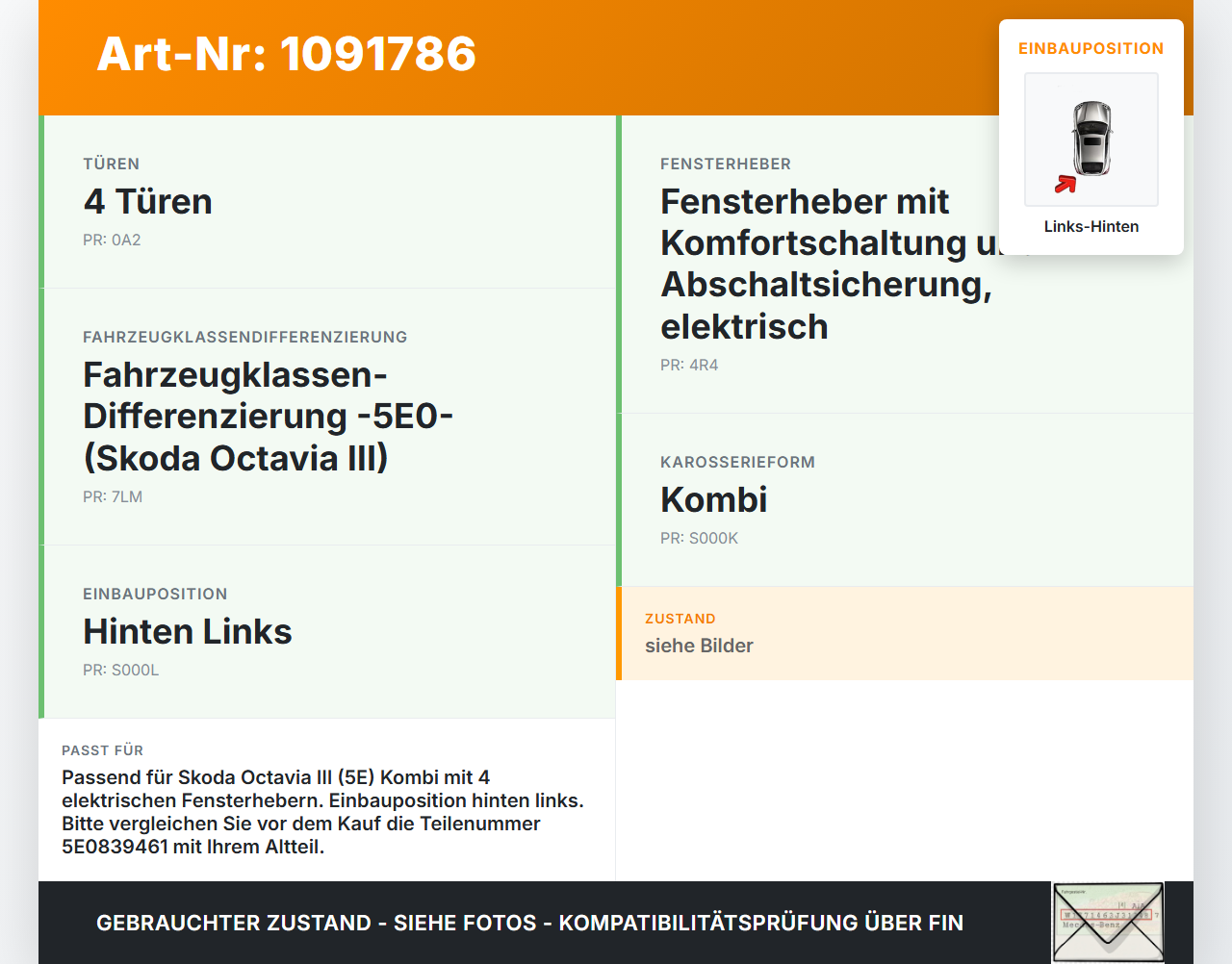 Skoda Octavia III 5E 17-20 Kombi Fensterheber o. FH-Motor Hinten Links Skoda Octavia III 5E 17-20 03.01.2018... Vorschau 3