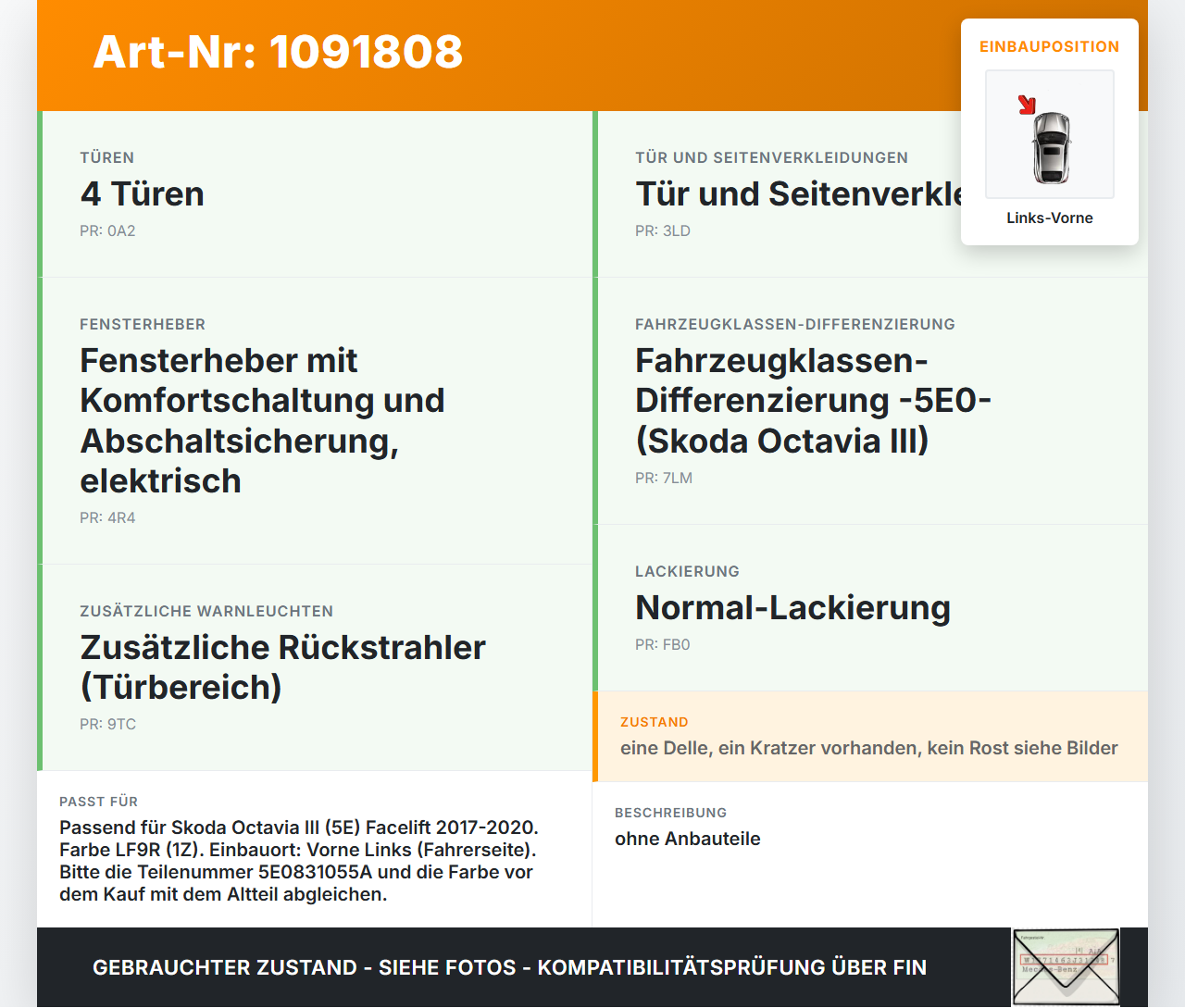 Skoda Octavia III 5E 17-20 Kombi Tür Fahrertür Links Vorne LF9R Skoda Octavia III 5E 17-20 03.01.2018 5E0831055A... Vorschau 3