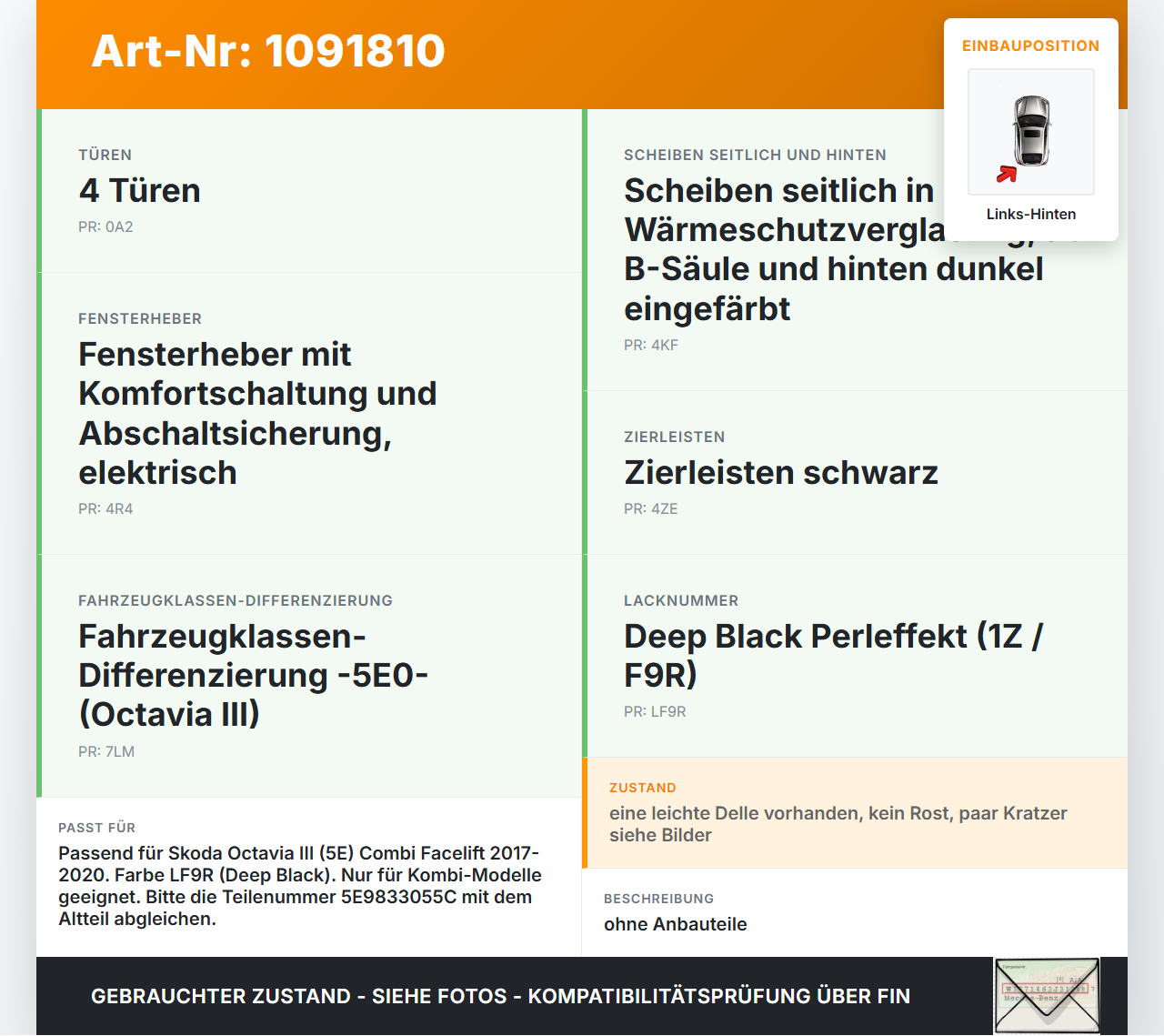 Skoda Octavia III 5E 17-20 Kombi Tür Links Hinten LF9R Skoda Octavia III 5E 17-20 03.01.2018 5E9833055C gebraucht Vorschau 3