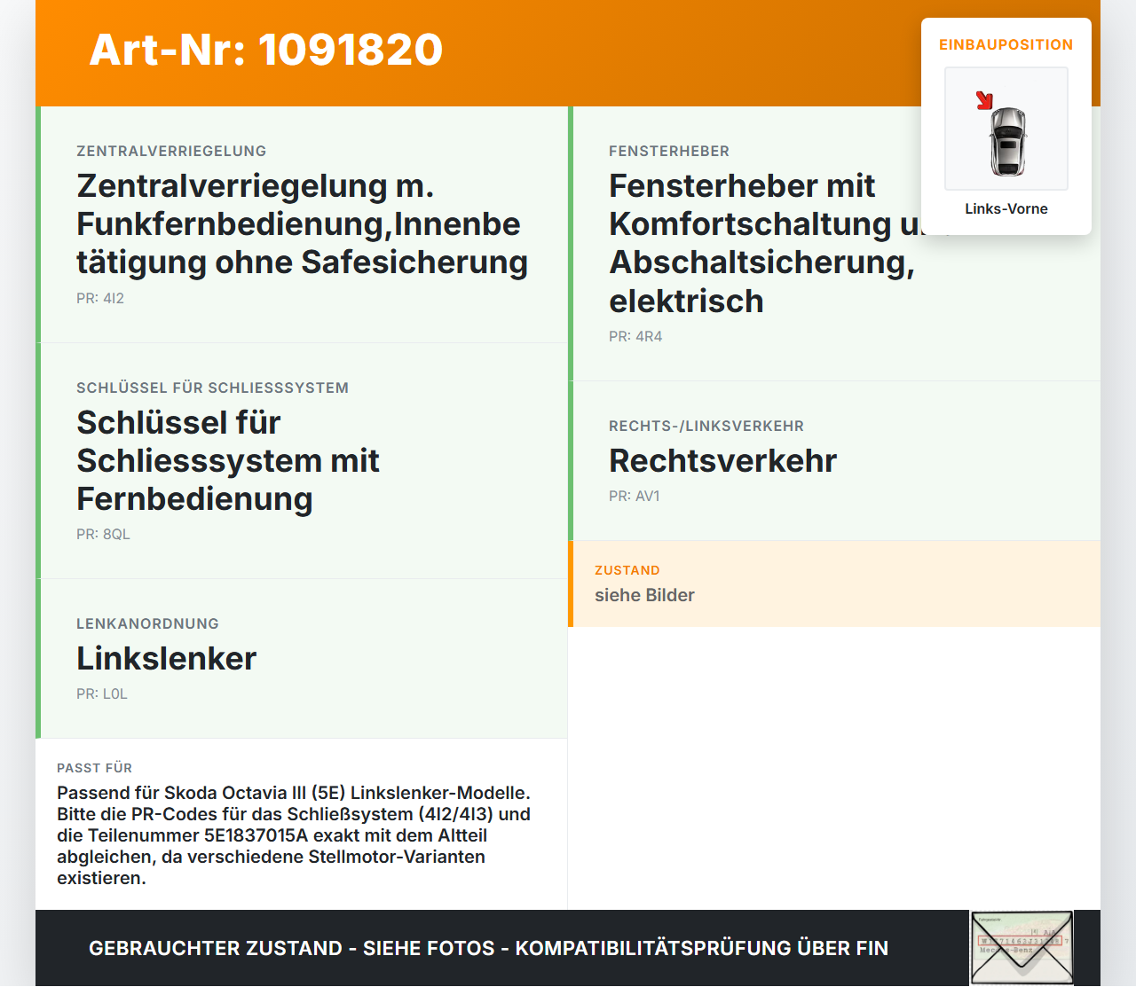 Skoda Octavia III 5E 17-20 Kombi Türschloss m. ZV Stellmotor Links Vorne Skoda Octavia III 5E 17-20 03.01.2018... Vorschau 3