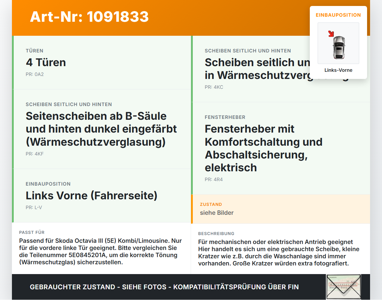 Skoda Octavia III 5E 17-20 Kombi LVK Seitenscheibe Tür Fenster Türscheibe Links Vorne Skoda Octavia III 5E 17-20... Vorschau 3