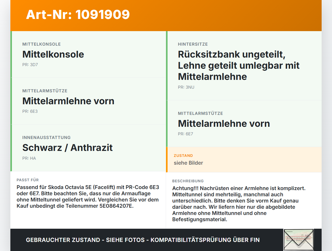 Skoda Octavia III 5E 17-20 Armlehne Mittelarmlehne Auflage Skoda Octavia III 5E 17-20 03.01.2018 5E0864207E 4841713... Vorschau 3