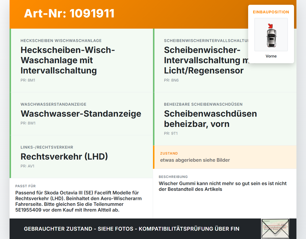 Skoda Octavia III 5E 17-20 2x Scheibenwischer Wischarm Vorne Skoda Octavia III 5E 17-20 03.01.2018 5E1955409 gebraucht Vorschau 3