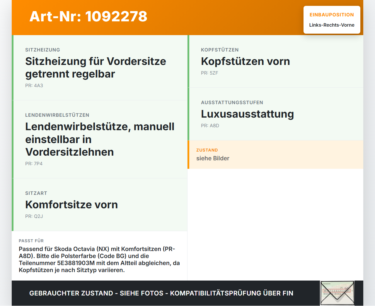 Skoda Octavia IV NX 20-24 Kopfstütze für Fahrer Sitz Rechts oder Links Vorne Skoda Octavia IV NX 20-24 26.04.2021... Vorschau 3
