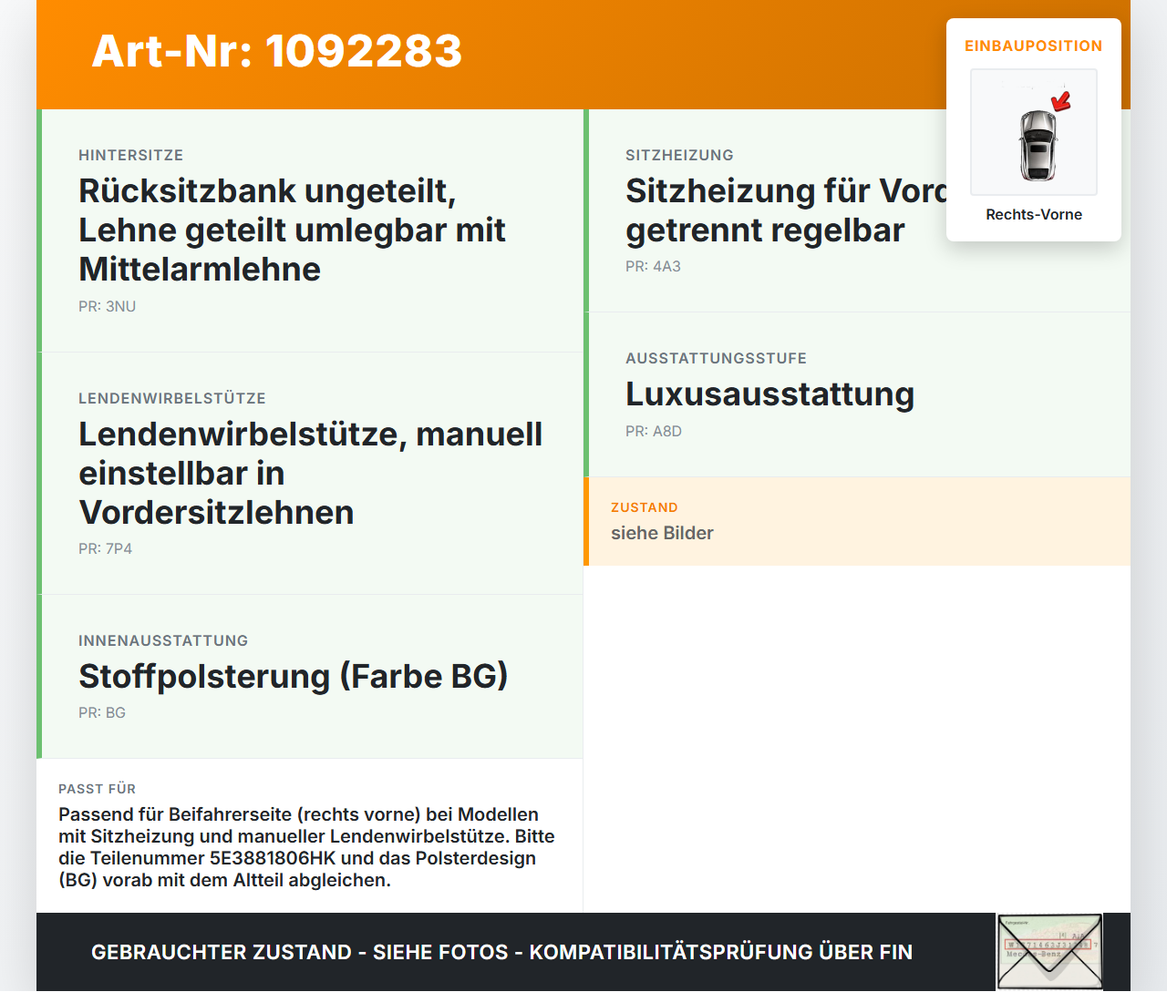 Skoda Octavia IV NX 20-24 Kombi Sitzbezug Rückenpolster Rechts Vorne für Beifahrer Sitz Skoda Octavia IV NX 20-24... Vorschau 3