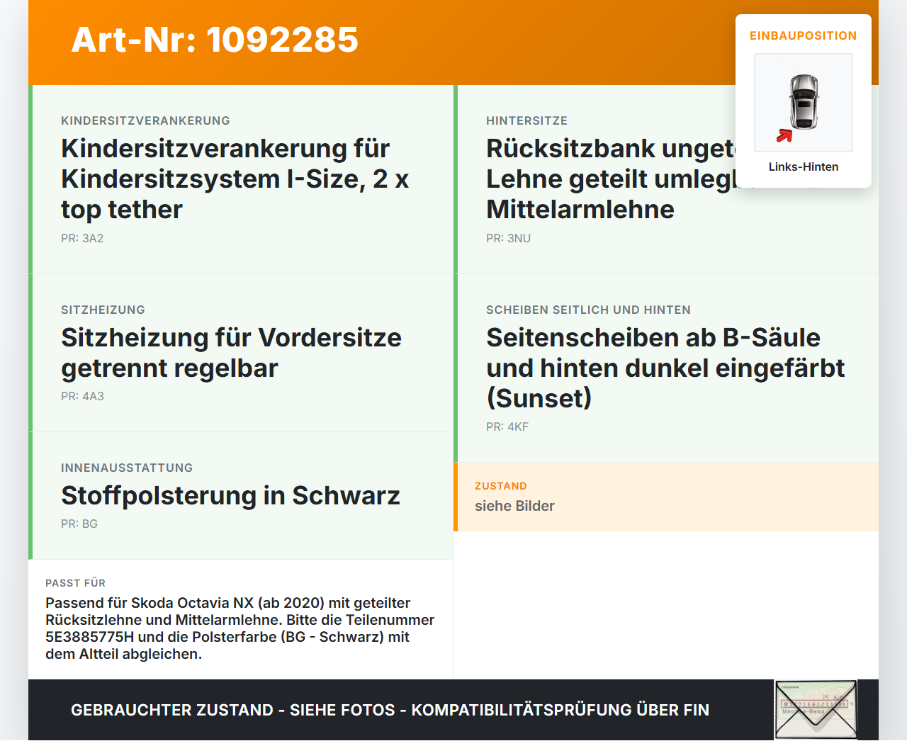 Skoda Octavia IV NX 20-24 Kombi Sitzbezug Rückenpolster Links für Rücksitzbank Hinten Skoda Octavia IV NX 20-24... Vorschau 3