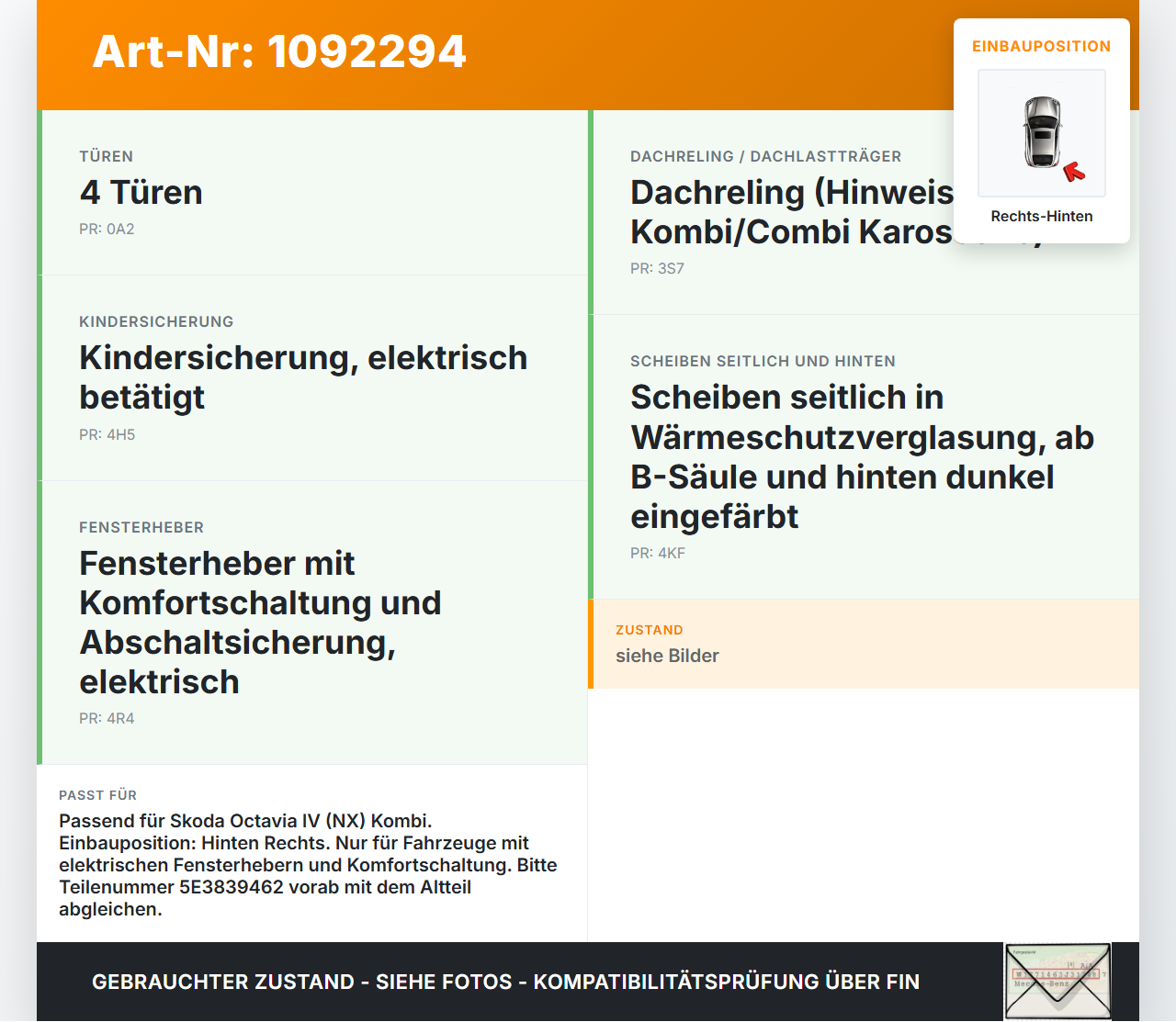 Skoda Octavia IV NX 20-24 Kombi Fensterheber o. FH-Motor Hinten Rechts Skoda Octavia IV NX 20-24 26.04.2021... Vorschau 3