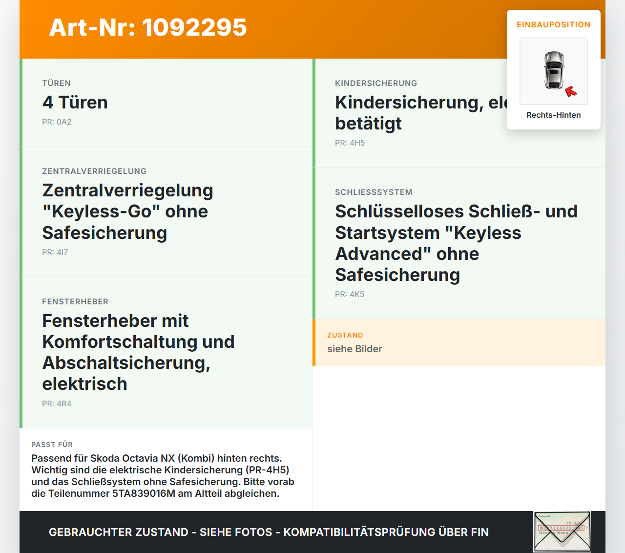 Skoda Octavia IV NX 20-24 Kombi Türschloss m. ZV Stellmotor Rechts Hinten Skoda Octavia IV NX 20-24 26.04.2021... Vorschau 3