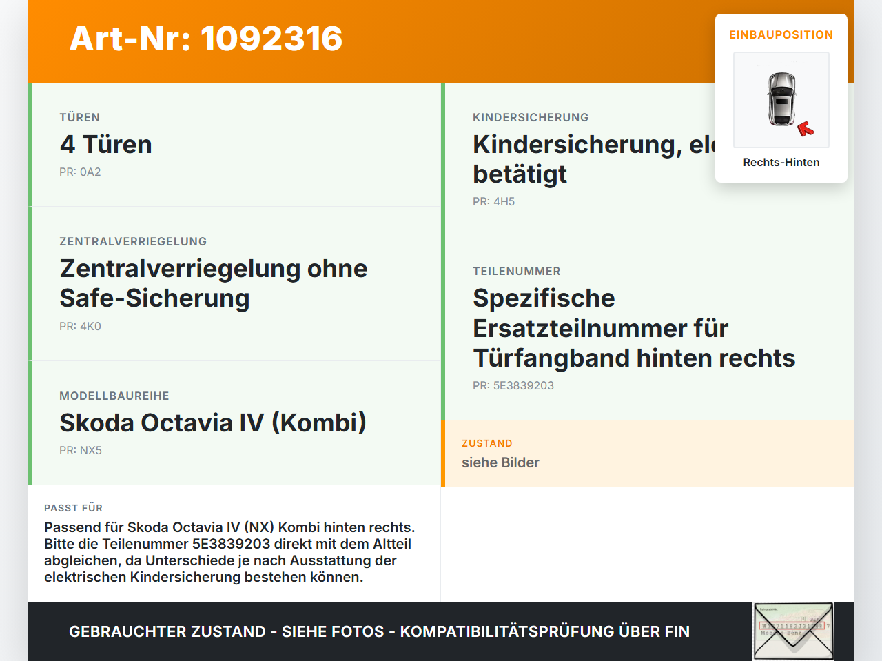 Skoda Octavia IV NX 20-24 Kombi Türfangband Türbremse Türanschlag Rechts Hinten Skoda Octavia IV NX 20-24... Vorschau 3