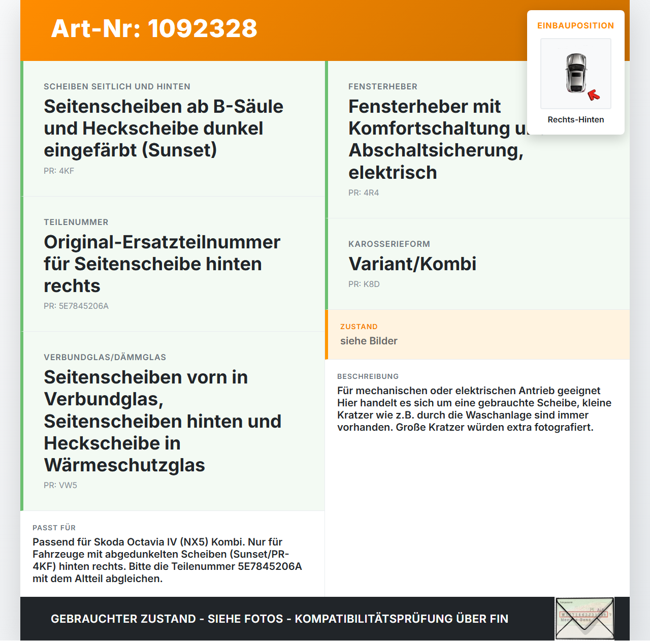Skoda Octavia IV NX 20-24 Kombi Seitenscheibe RHK Türscheibe Rechts Hinten Orig. getönt Skoda Octavia IV NX 20-24... Vorschau 3