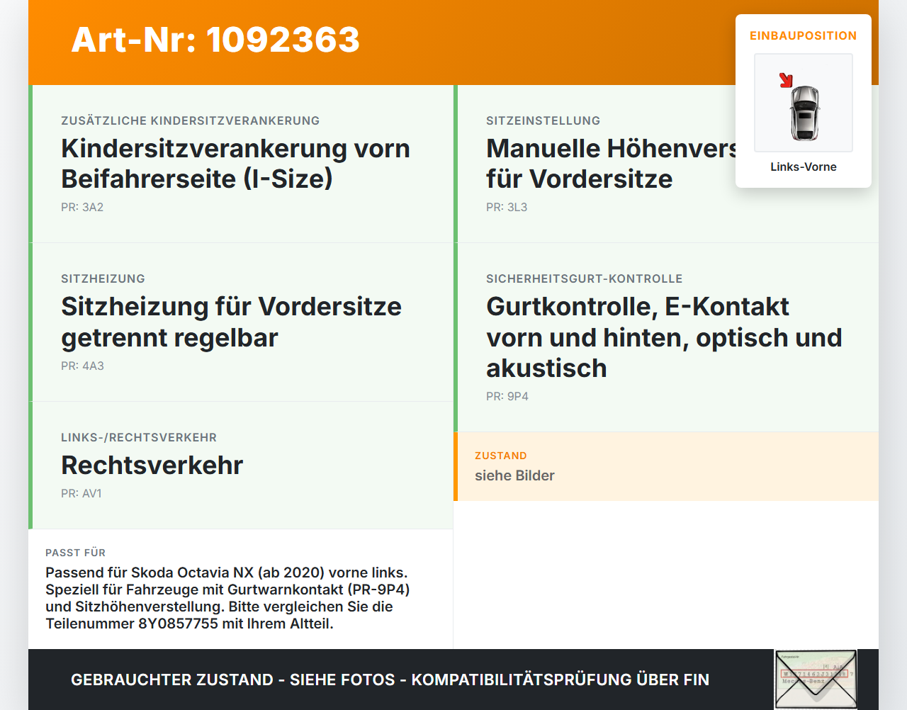 Skoda Octavia IV NX 20-24 Kombi Gurtschloss Links Vorne Skoda Octavia IV NX 20-24 26.04.2021 8Y0857755 638009400B... Vorschau 3