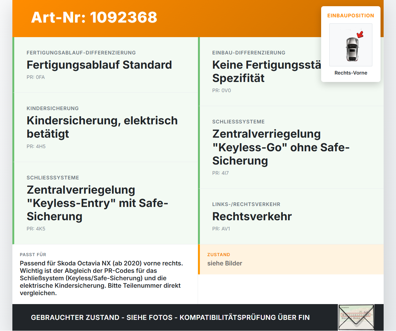 Skoda Octavia IV NX 20-24 Kombi Türschloss m. ZV Stellmotor Rechts Vorne Skoda Octavia IV NX 20-24 26.04.2021... Vorschau 3