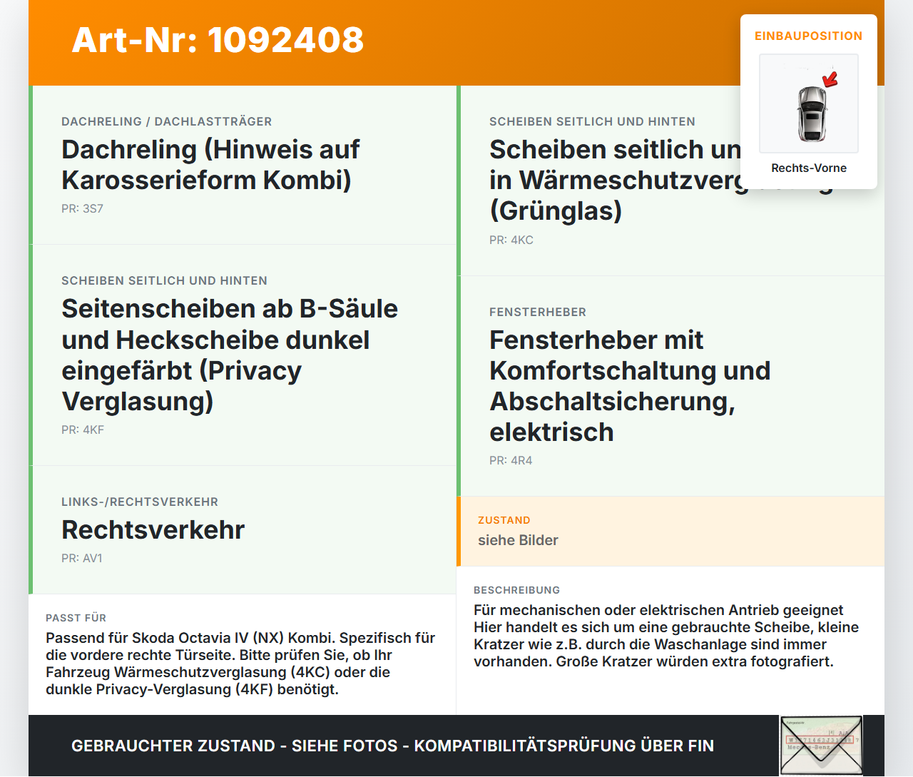 Skoda Octavia IV NX 20-24 Kombi Seitenscheibe RVK Türscheibe Rechts Vorne Skoda Octavia IV NX 20-24 26.04.2021... Vorschau 3