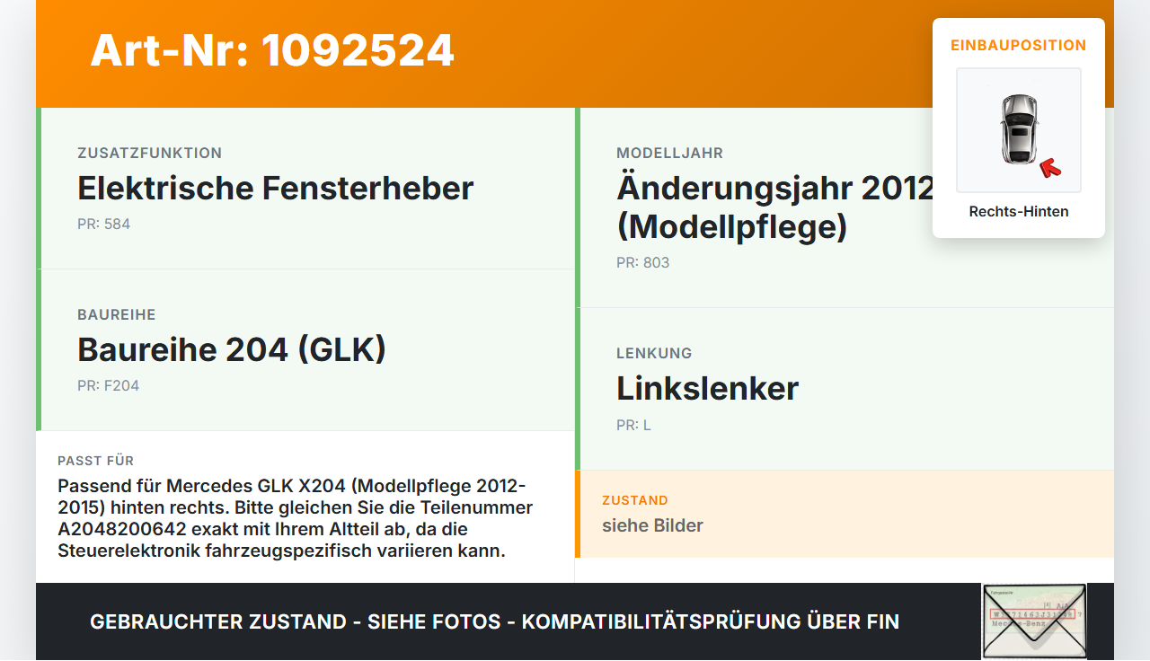 Mercedes GLK X204 12-15 Fensterhebermotor Rechts Hinten Mercedes GLK X204 12-15 23.05.2013 A2048200642 0130822504... Vorschau 3