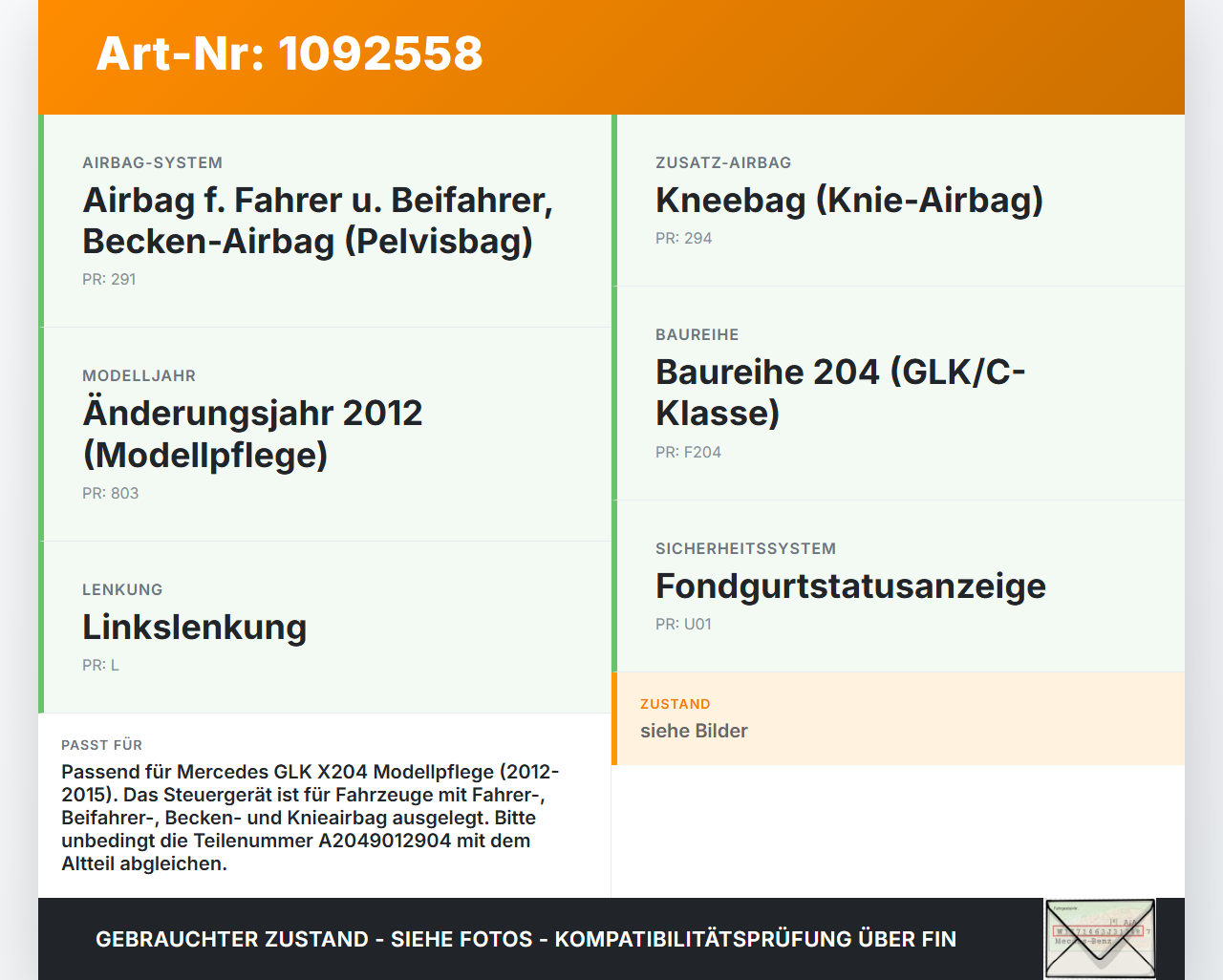 Mercedes GLK X204 12-15 Airbag Steuergerät Airbagsteuergerät Mercedes GLK X204 12-15 23.05.2013 A2049012904... Vorschau 3