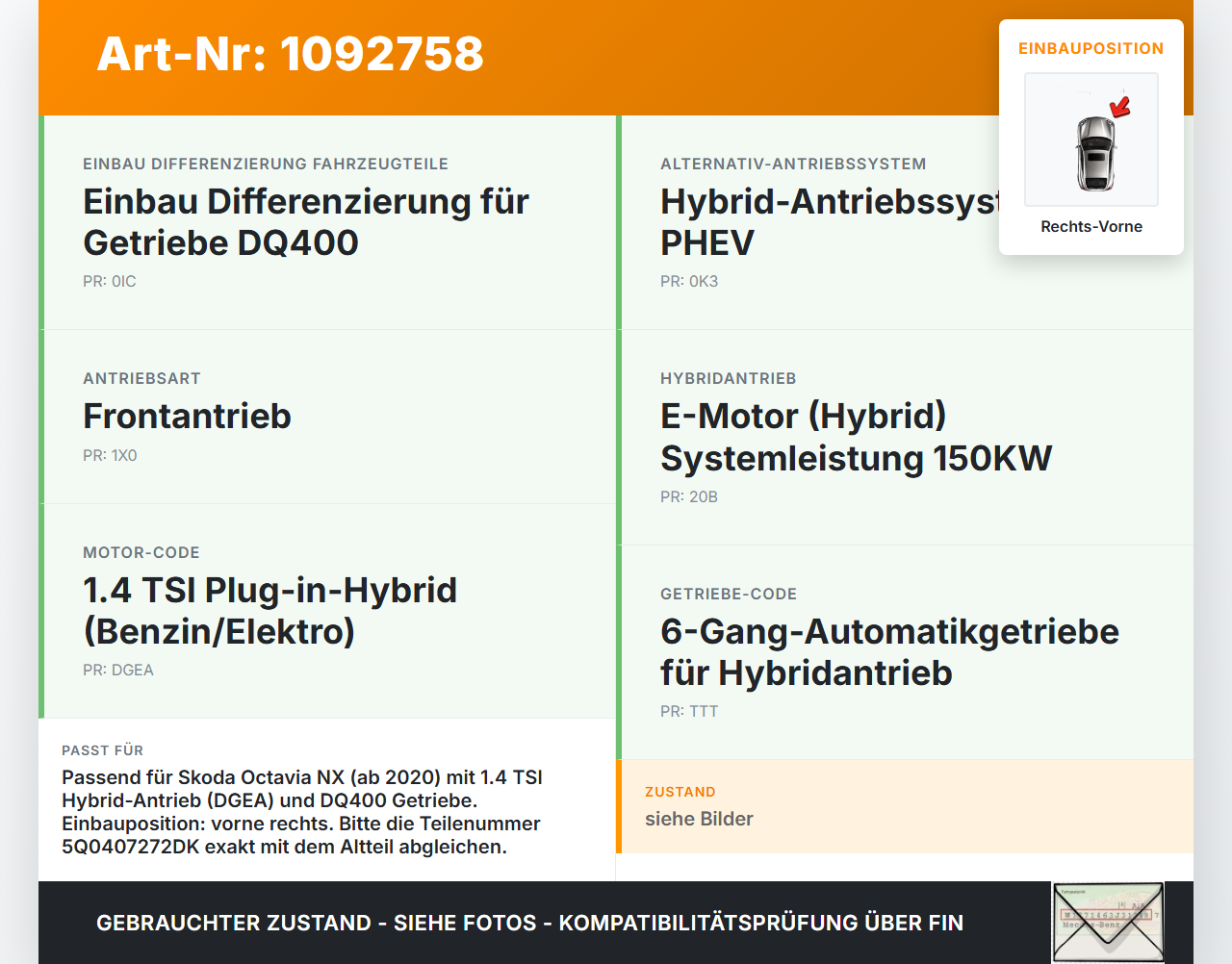 Skoda Octavia IV NX 20-24 Hybrid TSI iV 1,4 110KW Autom Antriebswelle Gelenkwelle Rechts Vorne Skoda Octavia IV NX... Vorschau 3