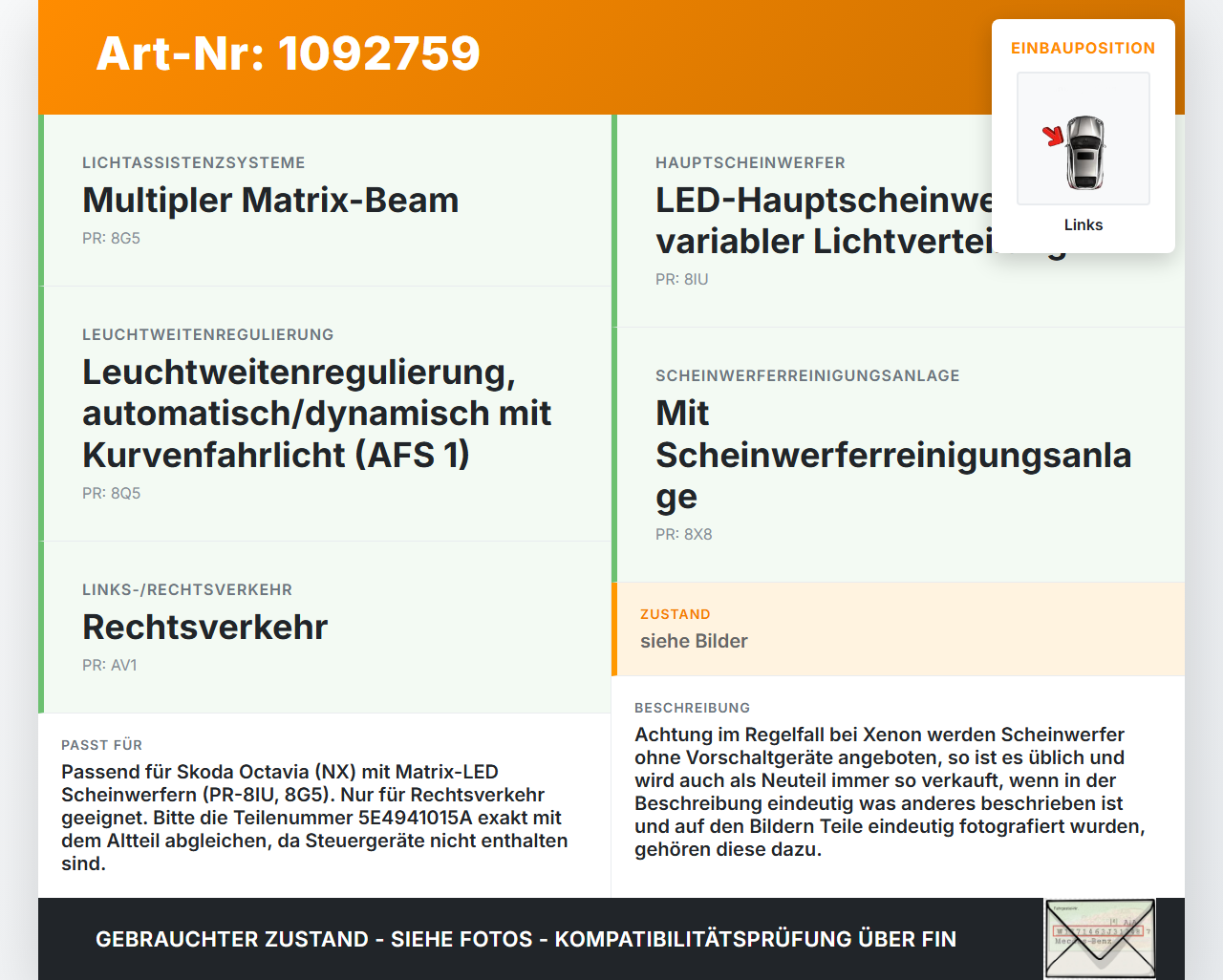 Skoda Octavia IV NX 20-24 Scheinwerfer Frontscheinwerfer Links Skoda Octavia IV NX 20-24 26.04.2021 5E4941015A... Vorschau 3