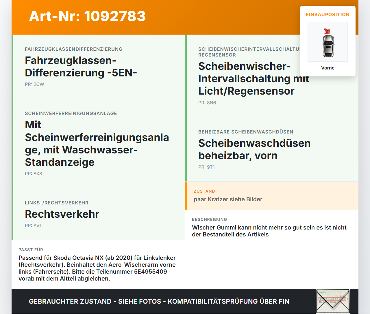 Skoda Octavia IV NX 20-24 2x Scheibenwischer Wischarm Vorne Skoda Octavia IV NX 20-24 26.04.2021 5E4955409 gebraucht Vorschau 3