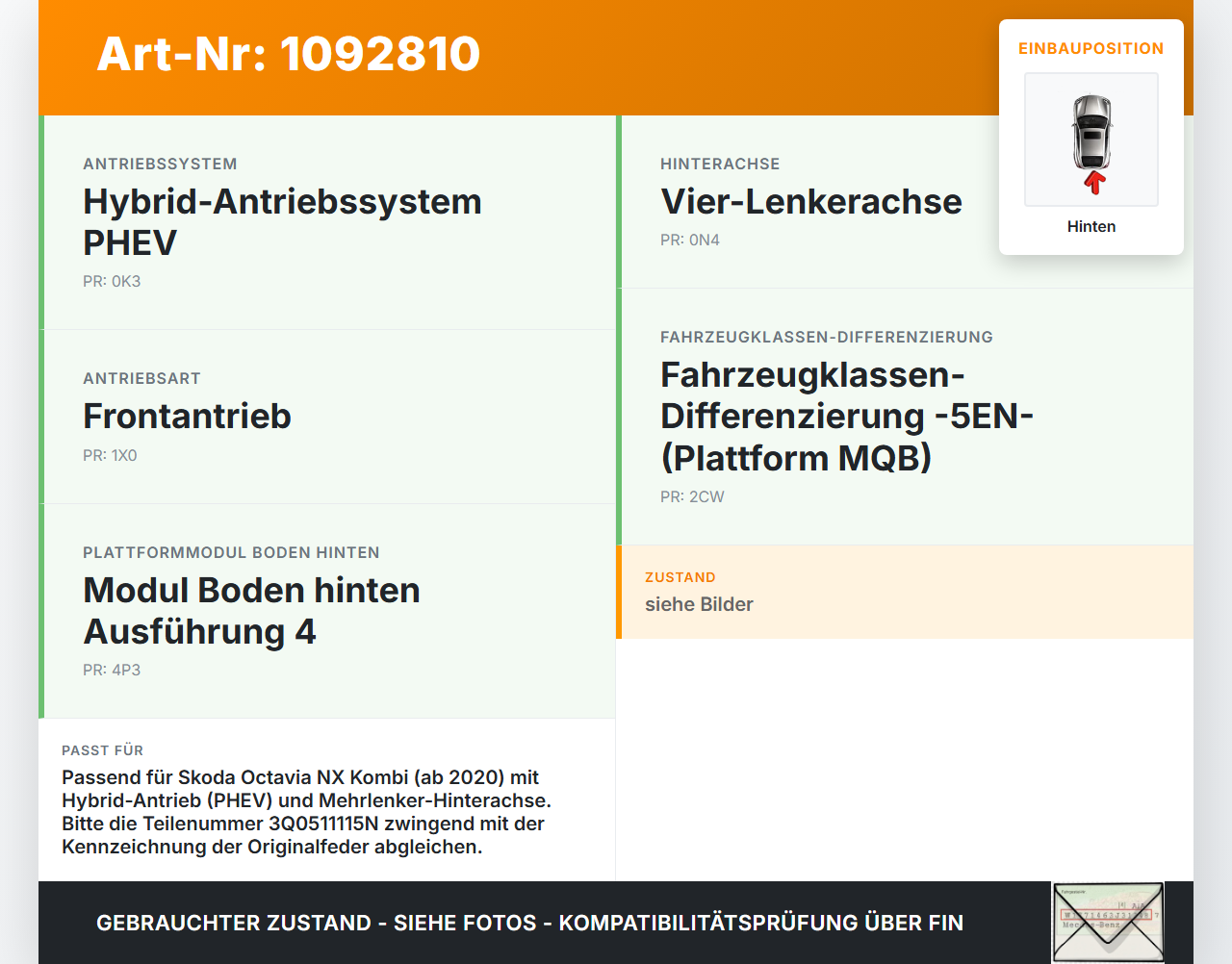 Skoda Octavia IV NX 20-24 Kombi Beide Feder Federn Hinten Skoda Octavia IV NX 20-24 26.04.2021 3Q0511115N gebraucht Vorschau 3