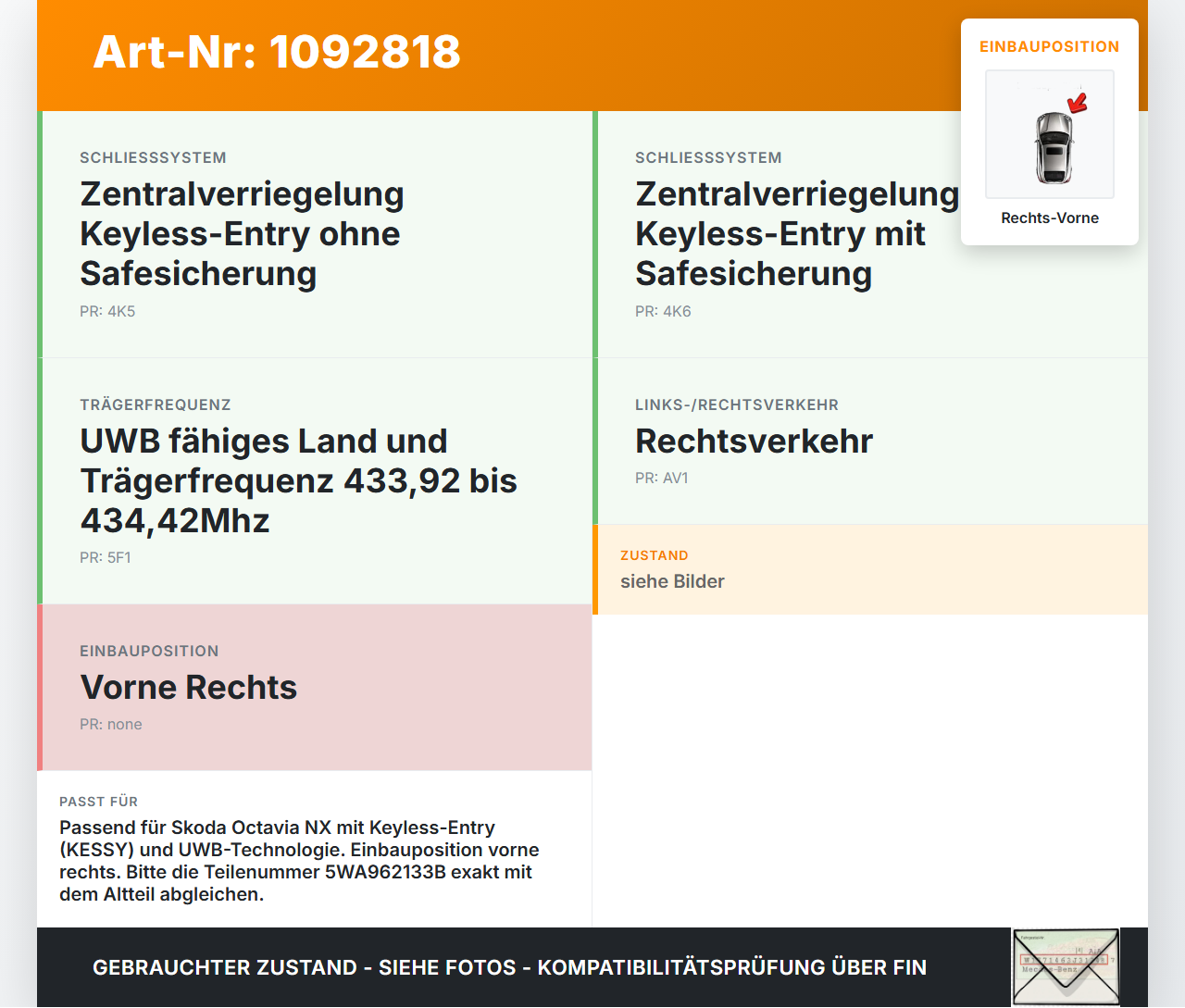 Skoda Octavia IV NX 20-24 Antenne Zugang Startberechtigung Kessy Rechts Vorne Skoda Octavia IV NX 20-24 26.04.2021... Vorschau 3