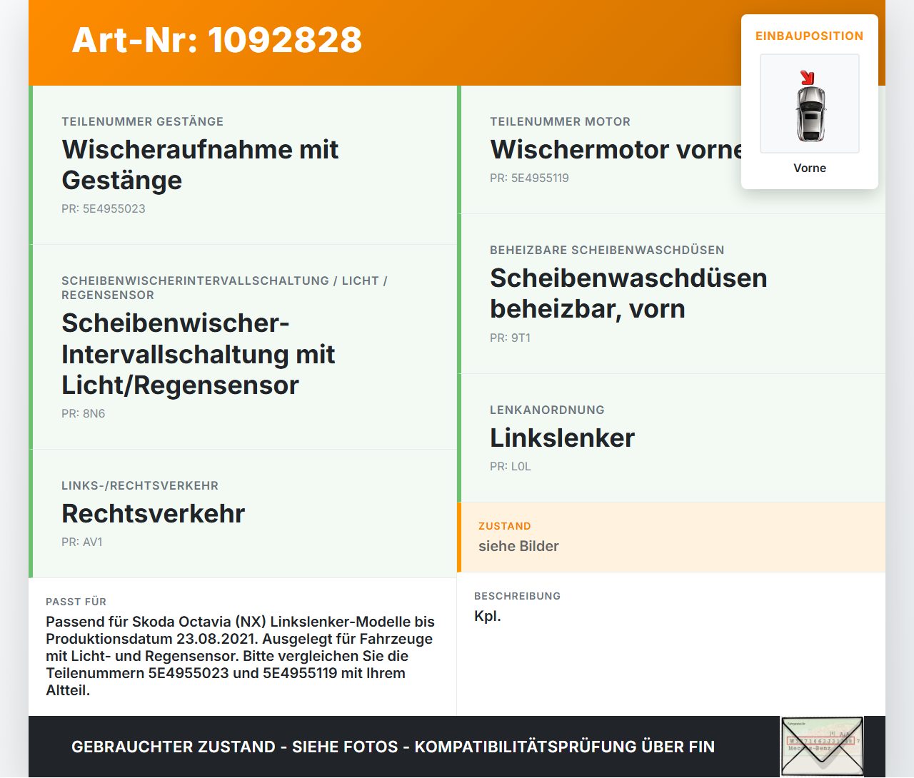 Skoda Octavia IV NX 20-24 Wischermotor mit Wischergestänge Vorne Skoda Octavia IV NX 20-24 26.04.2021 5E4955023... Vorschau 3
