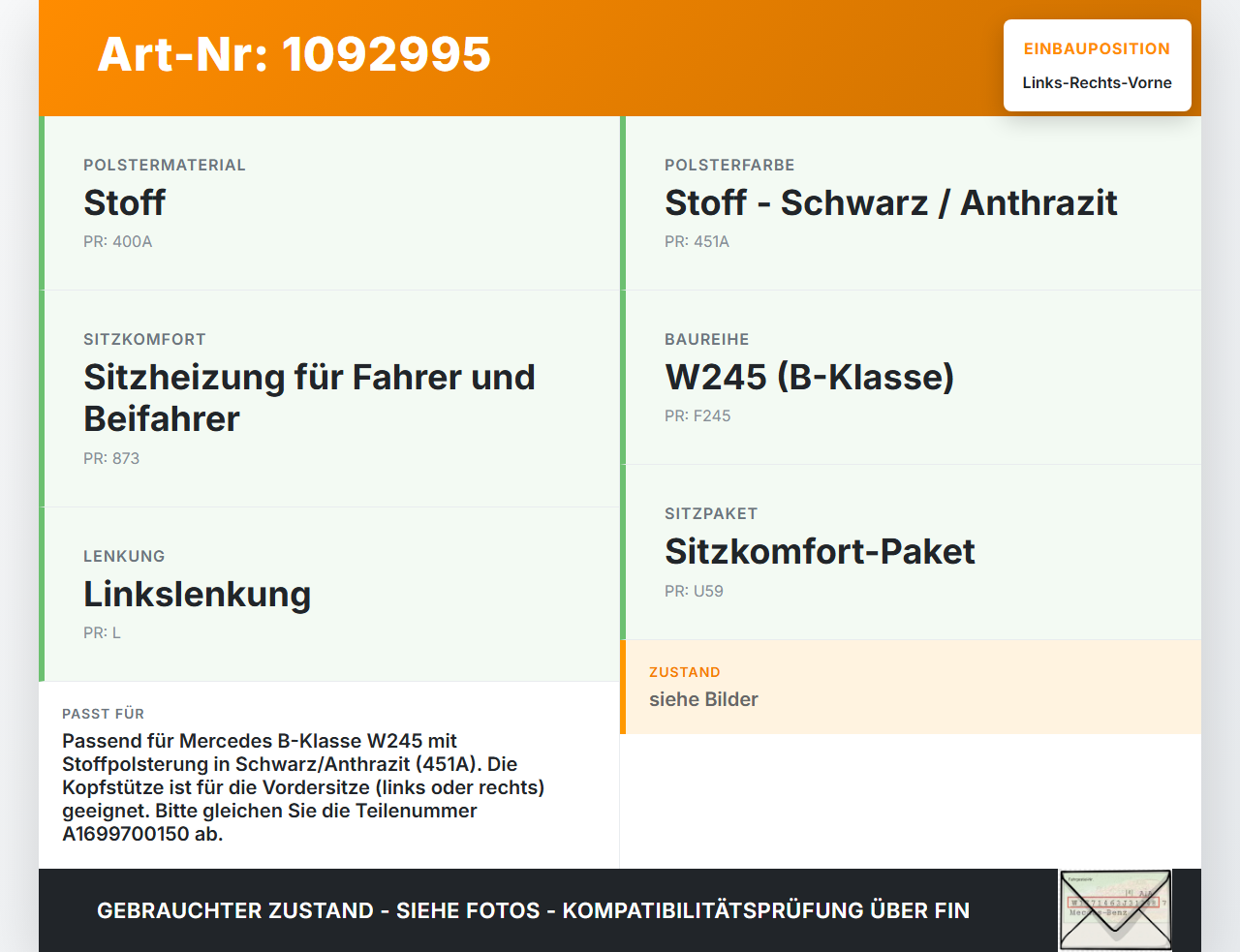 Mercedes B 180 Cdi W245 05-08 Kopfstütze für Beifahrer Sitz Rechts oder Links Vorne Mercedes B 180 Cdi W245 05-08... Vorschau 3