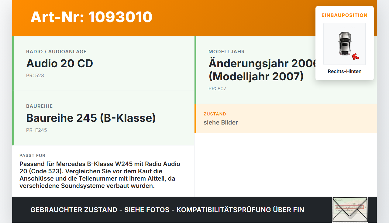 Mercedes B 180 Cdi W245 05-08 Lautsprecher Rechts Hinten Mercedes B 180 Cdi W245 05-08 28.02.2007 A1698200302 gebraucht Vorschau 3
