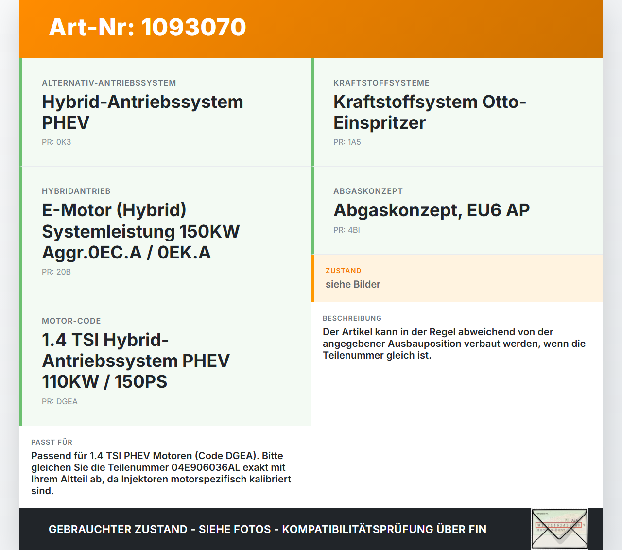 Skoda Octavia IV NX 20-24 Hybrid TSI iV 1,4 110KW Injektor Einspritzdüse Zyl.3 Skoda Octavia IV NX 20-24 26.04.2021... Vorschau 3