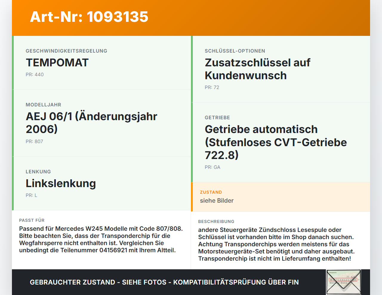 Mercedes B 180 Cdi W245 05-08 Elektronisches Zündschloss EZS Zündanlassschalter mit 1x Schlüssel Mercedes B 180 Cdi... Vorschau 3