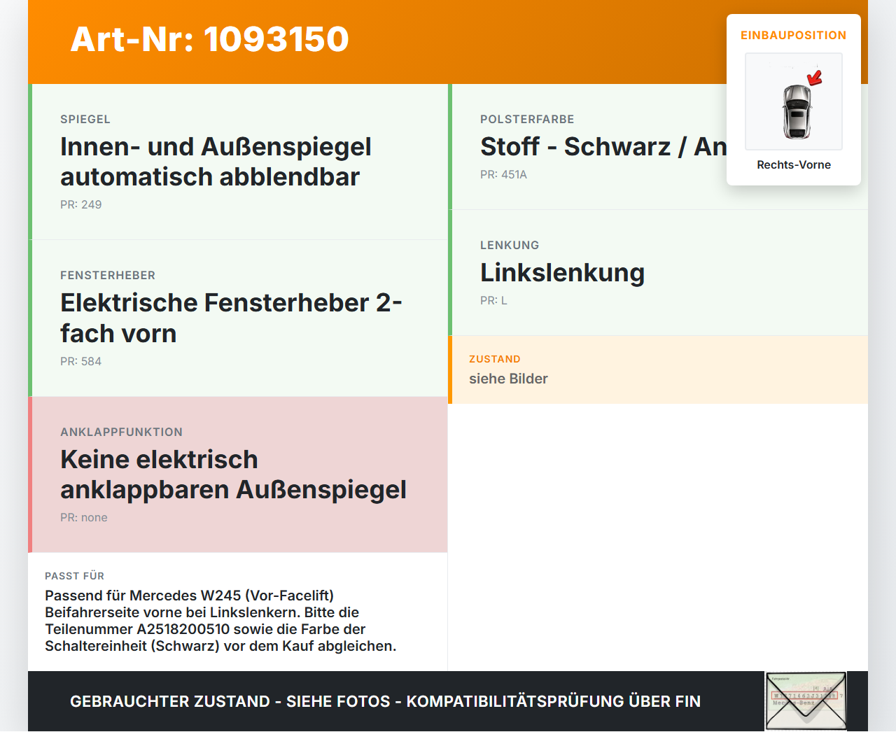 Mercedes B 180 Cdi W245 05-08 Fensterheberschalter Schalter Fensterheber Rechts Vorne Mercedes B 180 Cdi W245 05-08... Vorschau 3