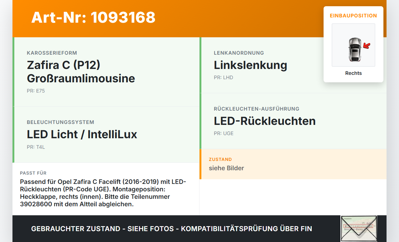 Opel Zafira Tourer C P12 16-19 Rückleuchte Heckleuchte für Klappe Innen Rechts LED Opel Zafira Tourer C P12 16-19... Vorschau 3