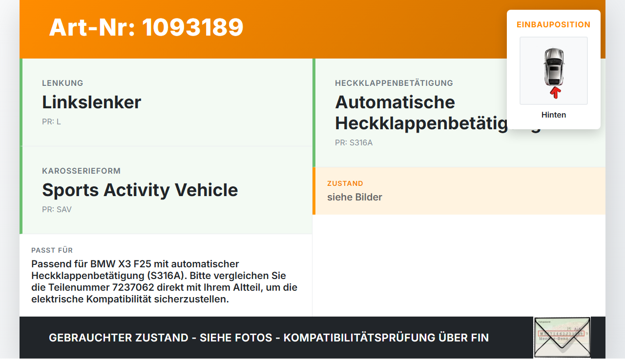 BMW X3 F25 10-14 Wischermotor Hinten Heckwischermotor BMW X3 F25 10-14 22.06.2011 67637237062 7237062 7237062-02... Vorschau 3