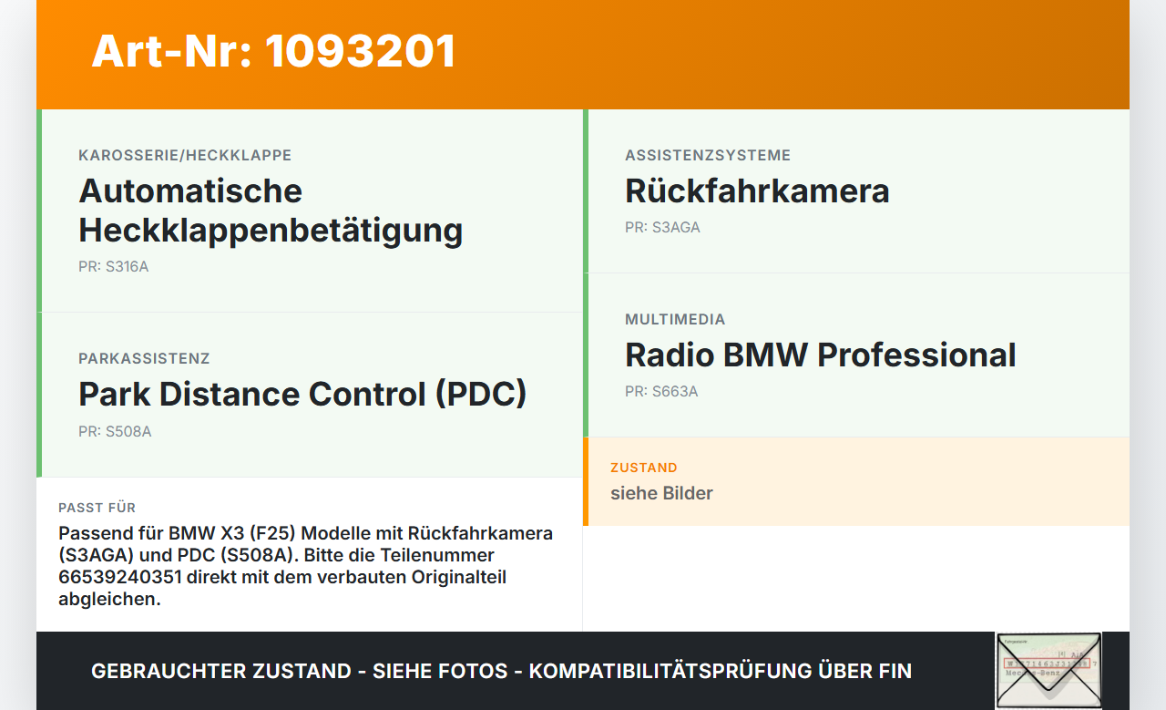 BMW X3 F25 10-14 Rückfahrkamera Einparkhilfe Kamera für Heckklappe BMW X3 F25 10-14 22.06.2011 66539240351 9240351... Vorschau 3