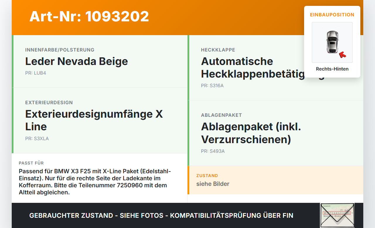 BMW X3 F25 10-14 Laderaumkante Ladekante Verkleidung Rechts Hinten BMW X3 F25 10-14 22.06.2011 7250960 51477250960... Vorschau 3