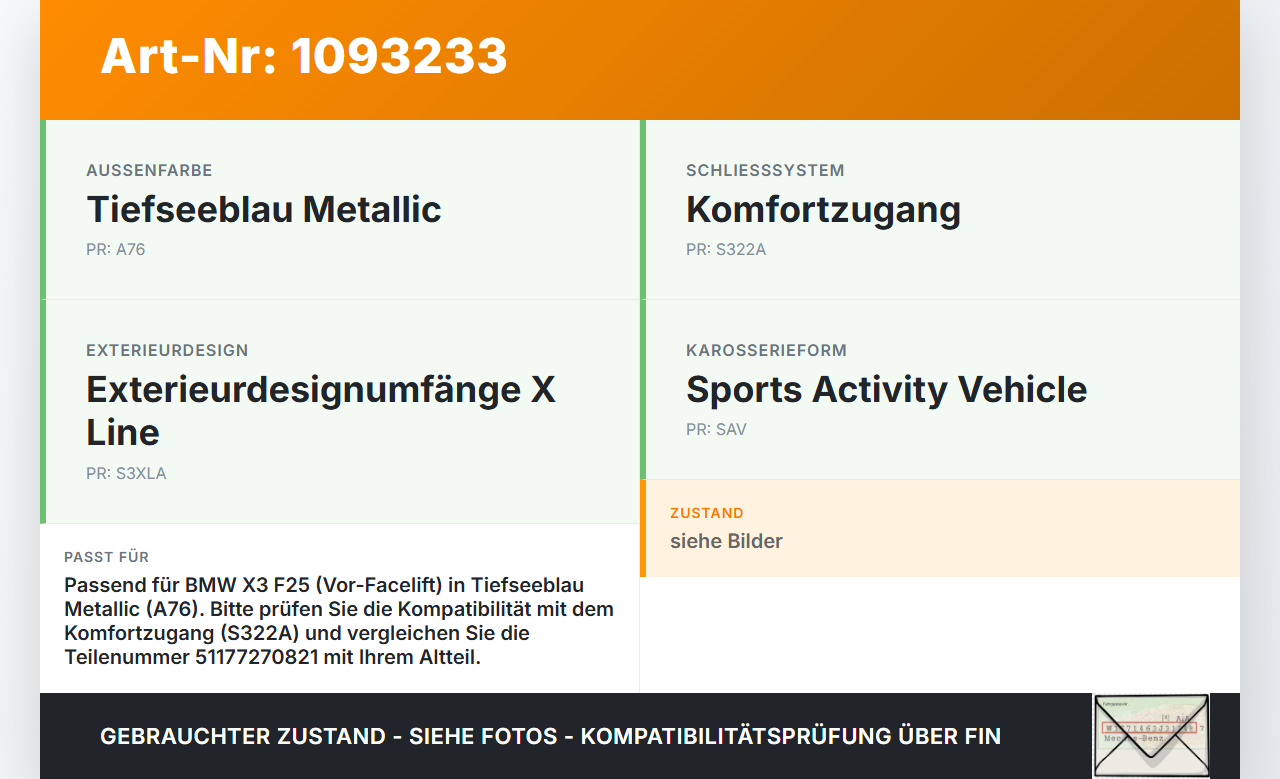 BMW X3 F25 10-14 Tankdeckel Tankklappe A76 BMW X3 F25 10-14 22.06.2011 7270821 51177270821 gebraucht Vorschau 3