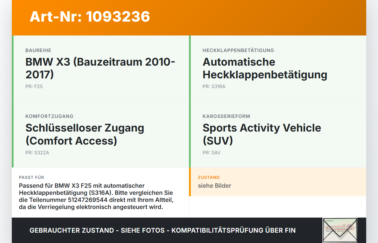 BMW X3 F25 10-14 Schloss f. Heckklappe Heckklappenschloss Verriegelung BMW X3 F25 10-14 22.06.2011 7269544... Vorschau 3