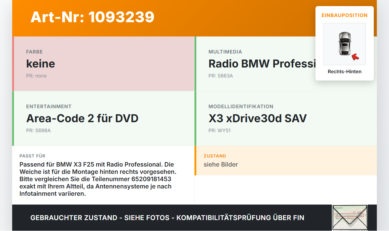BMW X3 F25 10-14 Antennenverstärker Weiche Antenne Rechts Hinten BMW X3 F25 10-14 22.06.2011 65209181453 9181453... Vorschau 3