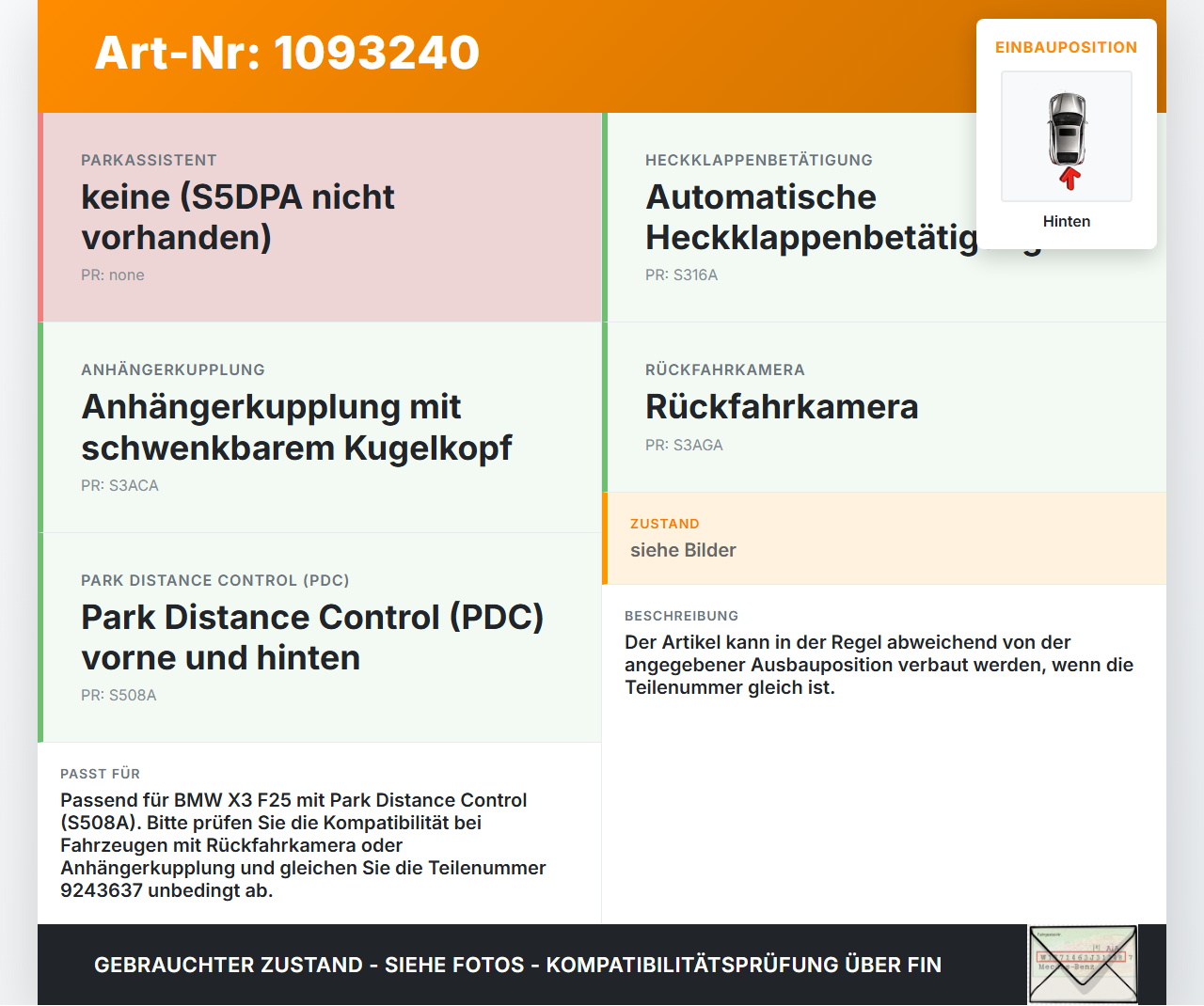 BMW X3 F25 10-14 PDC Kabelbaum Hinten BMW X3 F25 10-14 22.06.2011 9304730 61129304730 9243637 10055910 gebraucht Vorschau 3