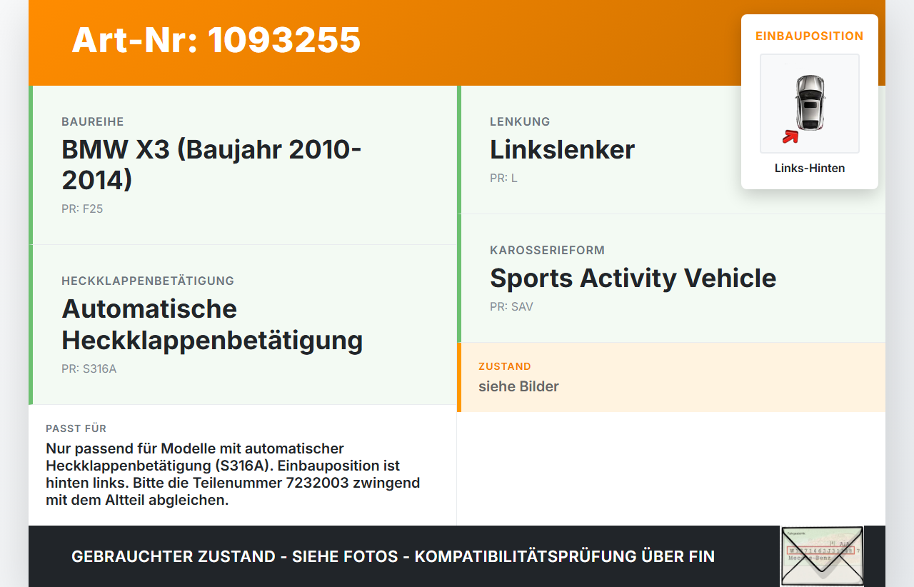 BMW X3 F25 10-14 1x Spindeltrieb Dämpfer für Heckklappe Gasdruckfeder Links Hinten BMW X3 F25 10-14 22.06.2011... Vorschau 3