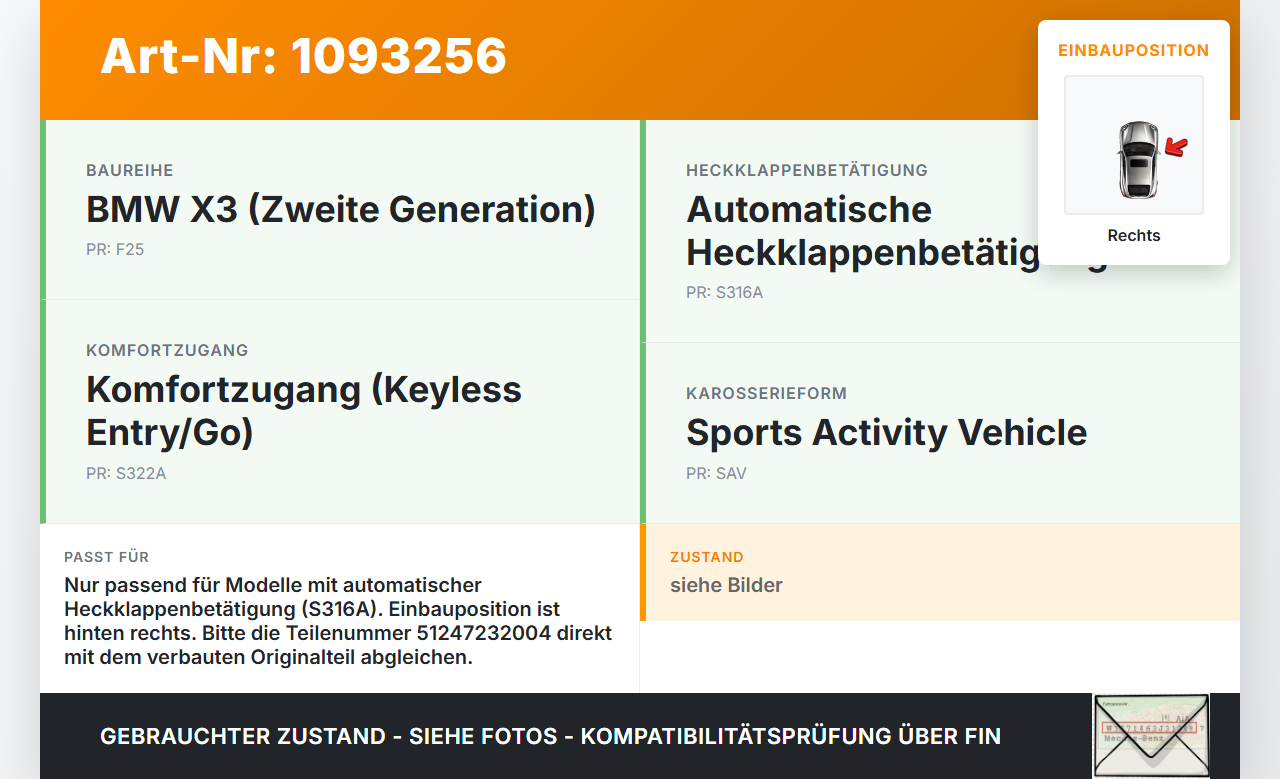 BMW X3 F25 10-14 Spindelantrieb Heckklappendämpfer elektrisch Rechts BMW X3 F25 10-14 22.06.2011 7232004... Vorschau 3