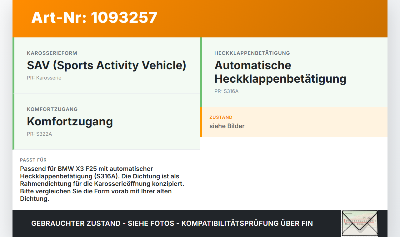 BMW X3 F25 10-14 Dichtung Rahmen für Heckklappe Kofferraum BMW X3 F25 10-14 22.06.2011 7301846 51767301846 gebraucht Vorschau 3