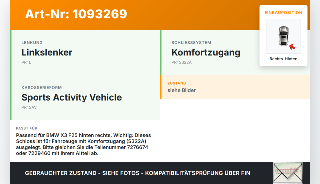 BMW X3 F25 10-14 Türschloss m. ZV Stellmotor Rechts Hinten BMW X3 F25 10-14 22.06.2011 51227276674 7276674 gebraucht Vorschau 3