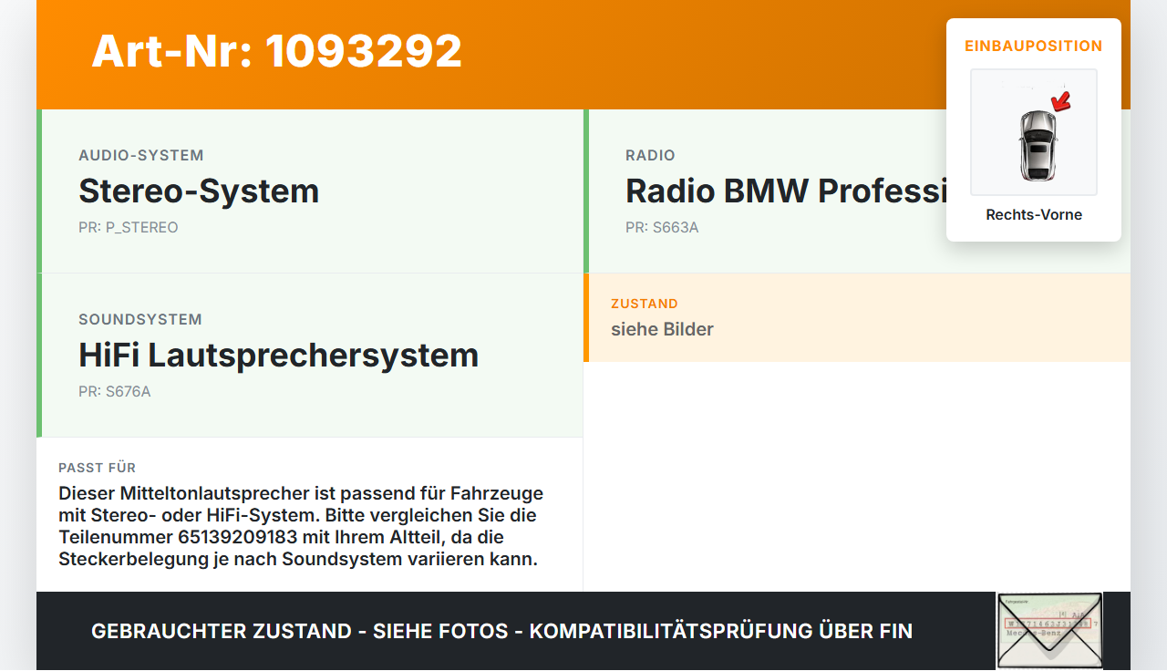 BMW X3 F25 10-14 Lautsprecher Rechts Vorne BMW X3 F25 10-14 22.06.2011 9209183 65139209183 gebraucht Vorschau 3
